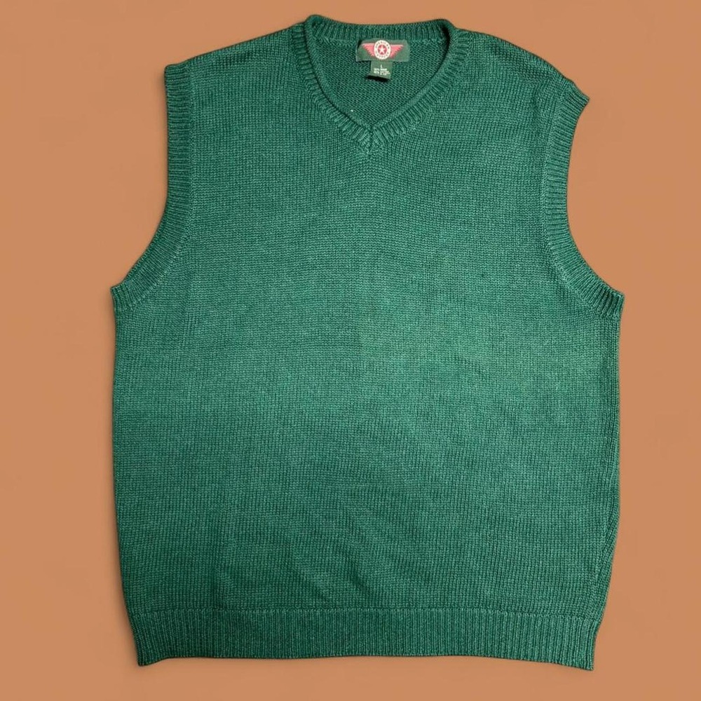 Vintage American Outpost Green V-Neck Sweater Vest Ramie Cotton Mens L Wms XL
